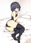  1girl arm_support ass bare_arms bare_shoulders black_legwear black_swimsuit closed_mouth grey_hair hand_up looking_at_viewer namonashi on_bed one-piece_swimsuit original pillow sitting solo swimsuit thigh-highs violet_eyes yokozuwari 