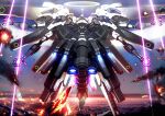 aircraft airplane burning clenched_hands energy_blade explosion extra_arms fighter_jet floating halo highres jet mecha military military_vehicle no_humans open_hands original rapama science_fiction sky solo thrusters 