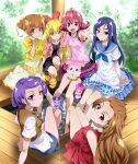  6+girls :d ai-chan_(dokidoki!_precure) aida_mana arm_support barefoot blonde_hair blue_dress blue_eyes blue_neckwear blue_sailor_collar blue_skirt blue_sky blush bow brown_eyes brown_hair brown_vest casual commentary_request crossed_legs davi_(dokidoki!_precure) day dokidoki!_precure double_bun dress eyebrows_visible_through_hair eyelashes from_behind grin hair_bow hand_on_own_cheek hand_on_own_face heart_hair_bun highres hishikawa_rikka jacket kenzaki_makoto knee_up layered_clothing leaf long_hair looking_at_viewer looking_back madoka_aguri medium_dress medium_hair miniskirt multiple_girls nakahira_guy neckerchief one_knee open_mouth outdoors outstretched_arm outstretched_hand pink_shirt plant precure purple_hair purple_skirt rakeru_(dokidoki!_precure) rance_(dokidoki!_precure) red_bow red_dress redhead regina_(dokidoki!_precure) sailor_collar sailor_dress sharuru_(dokidoki!_precure) shirt short_dress short_hair short_sleeves sitting skirt sky smile soaking_feet textless vest water white_shirt yellow_dress yellow_jacket yotsuba_alice 