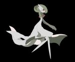  1girl apios1 bangs black_background colored_skin commentary flat_chest from_side full_body gardevoir gen_3_pokemon green_hair green_skin hands_together highres knees_together_feet_apart multicolored multicolored_skin muted_color no_mouth pokemon pokemon_(creature) red_eyes short_hair simple_background sketch solo standing two-tone_skin white_skin 