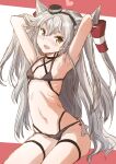  1girl amatsukaze_(kancolle) bikini breasts brown_bikini commentary_request fuji_(pixiv24804665) hair_tubes hat highres kantai_collection long_hair looking_at_viewer mini_hat ribs silver_hair sitting small_breasts smile smokestack_hair_ornament solo swimsuit two-tone_background two_side_up windsock 