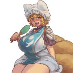  1girl blonde_hair blush breasts chanta_(ayatakaoisii) cowboy_shot dress eyebrows_visible_through_hair fan fox_tail hat holding holding_fan large_breasts medium_hair multiple_tails open_mouth pillow_hat simple_background solo tabard tail touhou white_background white_dress white_headwear yakumo_ran 