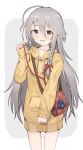  1girl ahoge bag bangs braid commentary drawstring earphones earphones eyebrows_visible_through_hair grey_eyes grey_hair hair_between_eyes highres hood hood_down hoodie hoshi_syoko idolmaster idolmaster_cinderella_girls long_hair long_sleeves shone shoulder_bag side_braid simple_background single_braid sleeves_past_wrists solo very_long_hair yellow_hoodie 