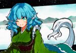  1girl :d blue_eyes blue_hair blush breasts drill_hair frilled_kimono frills green_kimono head_fins japanese_clothes kimono large_breasts long_sleeves mermaid monster_girl one_eye_closed open_mouth qqqrinkappp smile solo touhou traditional_media wakasagihime water 