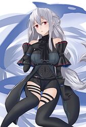  1girl arknights arm_cuffs ascot bangs bare_shoulders beijiushui belt black_gloves black_neckwear black_pants black_shirt clothing_cutout commentary_request elite_ii_(arknights) eyebrows_visible_through_hair feet_out_of_frame gloves hair_between_eyes hand_on_own_chest head_tilt highres infection_monitor_(arknights) jewelry long_hair looking_at_viewer low-tied_long_hair no_hat no_headwear orca pants parted_lips partial_commentary red_eyes shirt silver_hair sitting skadi_(arknights) sleeveless sleeveless_shirt solo thigh_cutout thigh_gap thighs very_long_hair white_background 