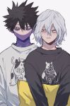  2boys absurdres ametaro_(ixxxzu) black_hair black_sweater blue_eyes boku_no_hero_academia burn_scar cheek_piercing dabi_(boku_no_hero_academia) grey_hair highres holding holding_pillow male_focus multiple_boys multiple_scars pillow print_sweater red_eyes scar scar_on_face shigaraki_tomura short_hair simple_background spiky_hair staple stapled sweater white_background white_sweater wrinkled_skin 