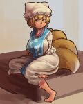  1girl bare_legs barefoot blonde_hair breasts chanta_(ayatakaoisii) dress eyebrows_visible_through_hair fox_tail full_body hat highres large_breasts multiple_tails pillow_hat shadow short_hair sitting solo tabard tail touhou white_dress white_headwear yakumo_ran yellow_eyes 