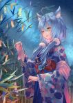  1girl absurdres ahoge animal_ear_fluff bamboo bamboo_forest bangs blue_hair blue_hakama blue_kimono blue_skirt blush cat_girl closed_eyes cowboy_shot floral_print forest from_side hair_between_eyes hakama heart_ahoge highres holding_charm hololive japanese_clothes kimono long_hair looking_at_object low_twintails multicolored_hair nature night night_sky parted_lips print_kimono shawl skirt sky smile solo star_(sky) starry_sky streaked_hair tanabata tanzaku twintails very_long_hair virtual_youtuber wide_sleeves xyunx yellow_eyes yukihana_lamy 