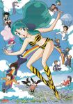  1980s_(style) 6+boys 6+girls baby bald bikini blue_eyes boots brown_hair cherry_(urusei_yatsura) chibi_(urusei_yatsura) day eyeshadow floating_hair fujinami_ryuunosuke green_hair hammer highres holding holding_hammer horns kakugari_(urusei_yatsura) knee_boots knees_up kurama_(urusei_yatsura) logo long_hair lum makeup miyake_shinobu moroboshi_ataru multiple_boys multiple_girls navel official_art old old_man oni oni_horns open_mouth outdoors outstretched_arms oyuki_(urusei_yatsura) parachute perm_(urusei_yatsura) pleated_skirt rainbow ran_(urusei_yatsura) reclining red_lips retro_artstyle sakura_(urusei_yatsura) scan school_uniform short_hair signature sitting skirt spread_arms strapless strapless_bikini swimsuit swing ten_(urusei_yatsura) tengu tiger_stripes urusei_yatsura 