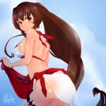  1girl ass bikini blue_sky brown_hair clouds cowboy_shot kantai_collection long_hair looking_at_viewer one-hour_drawing_challenge ponytail red_eyes righgi sarong signature sky solo standing swimsuit white_bikini yamato_(kancolle) 