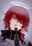  1girl :o arknights bangs blaise_(akigayakozato) blowing exusiai_(arknights) gesugao glowing glowing_eyes gun hair_between_eyes hair_over_one_eye halo highres jacket kriss_vector open_mouth portrait red_eyes redhead short_hair smoke solo submachine_gun weapon white_jacket 