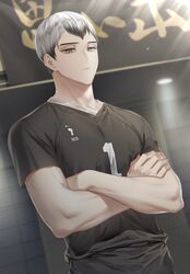  1boy black_pants closed_mouth crossed_arms eyebrows grey_hair haikyuu!! hemoon indoors kita_shinsuke looking_at_viewer male_focus multicolored_hair pants short_hair short_sleeves solo sportswear standing two-tone_hair volleyball_uniform yellow_eyes 