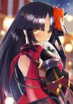  1girl absurdres bangs black_hair blurry blurry_background blush character_mask closed_mouth eyebrows_visible_through_hair fan fate/grand_order fate_(series) fujimaru_ritsuka_(female) gauntlets highres holding holding_fan katou_danzou_(fate) long_hair looking_at_viewer mask mask_on_head moyashi_(pixiv44153669) red_scarf scarf shiny shiny_hair shoulder_blades smile solo upper_body very_long_hair yellow_eyes 