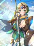  1girl armor bangs blonde_hair blue_skirt blush brown_gloves clear_glass_(mildmild1311) closed_mouth clouds commentary_request day dress eyebrows_visible_through_hair feather_trim fire_emblem fire_emblem_heroes fjorm_(fire_emblem) gauntlets gloves gradient_hair green_dress green_eyes green_hair hair_ornament highres holding holding_hands holding_polearm holding_spear holding_weapon jewelry kiran_(fire_emblem) looking_at_viewer multicolored_hair outdoors polearm pov ring short_hair shoulder_armor skirt sky smile spear thigh-highs tiara twitter_username two-tone_hair weapon wedding_ring white_sleeves wide_sleeves 