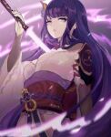  1girl armor bangs blunt_bangs blurry blurry_foreground breasts ciarre closed_mouth commentary electricity english_commentary flower genshin_impact hair_flower hair_ornament highres holding holding_sword holding_weapon japanese_clothes katana kimono long_hair long_sleeves looking_at_viewer mole mole_under_eye purple_background purple_flower purple_hair raiden_(genshin_impact) ribbon sash shoulder_armor simple_background solo sword twitter_username violet_eyes weapon wide_sleeves 