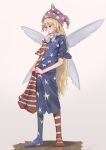 1girl american_flag_dress american_flag_legwear bangs blonde_hair breasts closed_mouth clownpiece commentary_request expressionless eyebrows_visible_through_hair fairy_wings full_body half-closed_eyes hat highres holding holding_clothes holding_skirt jester_cap light_blush long_hair looking_down mamasaro neck_ruff pantyhose polka_dot purple_headwear short_sleeves simple_background skirt small_breasts solo standing star_(symbol) star_print touhou very_long_hair violet_eyes white_background wings wooden_floor 