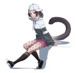  1girl alpine_marmot_(kemono_friends) alternate_costume baseball_cap black_hair brown_eyes casual contemporary drawstring fishnet_legwear fishnets grey_hair hat highres hood hood_down hoodie kemono_friends leaning_forward long_sleeves looking_at_viewer medium_hair miniskirt multicolored_hair open_mouth outstretched_leg shoes sidelocks sitting skirt sleeves_past_wrists smile socks solo tail tanabe_(fueisei) two-tone_hair 