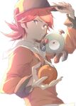  1boy ahoge blush cosplay ethan_(pokemon) ethan_(pokemon)_(cosplay) eyebrows_visible_through_hair frown gen_1_pokemon gopan_(pkghnman) hand_on_headwear hat highres holding holding_poke_ball jacket looking_at_viewer magnemite medium_hair poke_ball pokemon pokemon_(game) pokemon_hgss pout redhead signature silver_(pokemon) simple_background tsundere violet_eyes white_background 