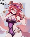  1girl bare_shoulders black_choker bracelet breasts choker closed_mouth covered_navel cowboy_shot dragalia_lost dragon_tail fang hair_between_eyes hands_up head_wreath highres horns jewelry long_hair looking_at_viewer medium_breasts mym_(dragalia_lost) one-piece_swimsuit one_eye_closed orange_eyes punished_pigeon purple_swimsuit redhead sideless_outfit smile solo spaghetti_strap strap_gap swimsuit tail 
