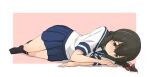  1girl black_hair black_legwear blue_sailor_collar blue_skirt border braid brown_eyes hair_between_eyes isonami_(kancolle) kantai_collection kneehighs kugui_kiyunemu looking_down lying on_side pink_background pleated_skirt sailor_collar school_uniform serafuku sidelocks skirt solo two-tone_background white_border 