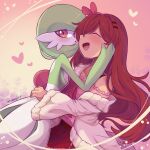  2girls ^_^ artist_name backlighting bangs bellavoirr blush bob_cut breasts brown_hair cardigan closed_eyes collarbone colored_skin commentary english_commentary eyebrows_visible_through_hair frilled_shirt frills gardevoir gen_3_pokemon gradient gradient_background green_hair green_skin hair_ornament hair_over_one_eye hairband hairclip hand_on_another&#039;s_cheek hand_on_another&#039;s_face hand_up happy heart highres hug long_hair looking_at_viewer miniskirt multicolored multicolored_skin multiple_girls off-shoulder_cardigan off-shoulder_shirt off_shoulder open_cardigan open_clothes open_mouth orange_background original outline pink_hairband pink_shirt pokemon pokemon_(creature) red_eyes red_skirt shiny shiny_hair shirt shirt_tucked_in short_hair sidelocks signature single_bare_shoulder skirt small_breasts smile sofia_(bellavoirr) standing two-tone_skin very_long_hair white_cardigan white_skin yuri 