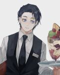 1boy black_hair black_neckwear black_vest blue_eyes cherry closed_mouth collared_shirt commentary_request dress_shirt expressionless food formal fruit grey_background highres holding holding_tray ice_cream jujutsu_kaisen llilililiilii long_sleeves looking_at_object male_focus name_tag necktie okkotsu_yuuta shirt short_hair simple_background solo suit sundae tray upper_body vest white_shirt 