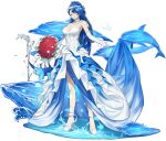  1girl ark_order artist_request blue_eyes blue_hair bouquet breasts bubble choker dolphin dress elbow_gloves flower frilled_choker frills gloves hair_flower hair_ornament head_wreath high_heels highres holding holding_bouquet large_breasts long_hair looking_at_viewer official_art poseidon_(ark_order) red_flower red_rose rose solo standing standing_on_liquid tachi-e very_long_hair water wedding_dress whale white_choker white_dress white_flower white_footwear white_gloves white_rose 