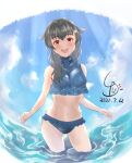  1girl artist_logo bikini black_hair blue_bikini blue_sky breasts clouds commentary_request cowboy_shot dated frilled_bikini frills hair_flaps hair_ornament hair_over_shoulder hairclip highres jingei_(kancolle) kantai_collection large_breasts ld_(luna_dial398) long_hair looking_at_viewer red_eyes sky smile soaking_feet solo standing swimsuit 