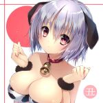  1girl animal_ears animal_print bandeau bare_shoulders bell breasts collar cow_ears cow_print eyebrows_visible_through_hair izumi_yura large_breasts neck_bell original parted_lips pink_eyes short_hair silver_hair solo upper_body 