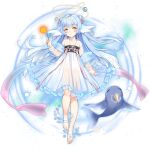  1girl ark_order bangs bare_legs blue_hair blush chinese_clothes double_bun dress flower frilled_dress frills hair_flower hair_ornament halo head_fins holding horns kuen_(ark_order) liquid_halo looking_at_viewer narwhal official_art pink_flower pink_ribbon ribbon see-through single_horn solo tachi-e white_dress yellow_eyes 