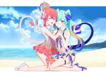  &gt;_&lt; 2girls :d absurdres bangs bare_shoulders beach blue_eyes blue_hair blue_sky closed_mouth clouds cloudy_sky dress flip-flops full_body hair_between_eyes hair_bun hair_ornament highres honkai_(series) honkai_impact_3rd liliya_olenyeva looking_at_another multiple_girls no-light open_mouth pink_hair rozaliya_olenyeva sand sandals siblings sky smile summer summer_uniform sundress swimsuit tail twins twintails 