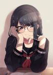  1girl absurdres bespectacled black_hair black_serafuku blush eyebrows_visible_through_hair glasses hair_ornament hairpin hands_on_own_cheeks hands_on_own_face highres idolmaster idolmaster_shiny_colors kazano_hiori looking_at_viewer mole mole_under_mouth neckerchief reikakrzk school_uniform serafuku simple_background smile solo upper_body violet_eyes wrist_cuffs 