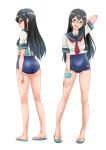  1girl ass black_hair blue_swimsuit flip-flops full_body glasses green_eyes highres kantai_collection long_hair mikan_29344886 multiple_views neckerchief one-piece_swimsuit ooyodo_(kancolle) red_neckwear sandals school_swimsuit school_uniform serafuku shirt short_sleeves standing swimsuit swimsuit_under_clothes white_shirt 