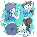  1girl absurdres ass barefoot black_hair blue_eyes breasts capri_pants colored_skin grey_eyes highres long_hair looking_at_viewer pants ponytail rariatto_(ganguri) simple_background smile solo super_smash_bros. tank_top white_skin wii_fit wii_fit_trainer wii_fit_trainer_(female) 
