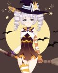  1girl absurdres bangs bantian_yindang bare_shoulders bat bronya_zaychik bronya_zaychik_(snowy_sniper) broom broom_riding brown_background brown_gloves closed_mouth drill_hair elbow_gloves full_moon gloves grey_eyes grey_hair hair_between_eyes halloween halloween_costume hat highres holding homu_(honkai_impact) honkai_(series) honkai_impact_3rd looking_at_viewer mismatched_gloves moon simple_background solo twin_drills uneven_gloves uneven_legwear witch_hat yellow_gloves yellow_legwear 