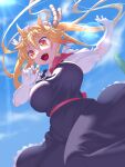1girl animal_ears black_dress blonde_hair blue_sky breasts clouds commentary day dragon_ears dragon_girl dragon_horns dragon_tail dress gloves highres horns kobayashi-san_chi_no_maidragon large_breasts long_hair maid maid_headdress onsoku_inu open_mouth orange_eyes original sky slit_pupils solo sunlight tail tohru_(maidragon) twintails white_gloves
