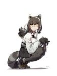  1girl :&lt; animal_ears arknights belt black_belt black_gloves black_skirt breasts closed_mouth collared_shirt from_side full_body gloves grey_legwear highres holding holding_knife jitome knife large_breasts long_sleeves looking_at_viewer miniskirt pantyhose raccoon_ears raccoon_tail robin_(arknights) shirt simple_background skirt solo squatting ssambatea tail white_background white_shirt wing_collar yellow_eyes 