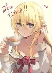  1girl blonde_hair blue_eyes braid collarbone corset cup dress drinking english_text flower french_braid kantai_collection long_hair long_sleeves looking_at_viewer off-shoulder_dress off_shoulder omatu_tea_time red_flower red_ribbon red_rose ribbon rose solo tea teacup upper_body warspite_(kancolle) white_dress yellow_background 