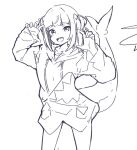  1girl :d animal_costume bangs blunt_bangs cowboy_shot fish_tail gawr_gura greyscale hair_ornament hands_up harmhaunters hololive hololive_english hood hood_down lineart looking_at_viewer monochrome open_mouth shark_costume shark_girl shark_tail sharp_teeth sketch sleeves_past_wrists smile solo standing tail teeth two_side_up virtual_youtuber 