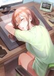  1girl ahoge bangs blush brown_hair brown_shorts chair clock closed_eyes desk glasses green_shirt monitor mouse_(computer) open_mouth original rangu shirt short_sleeves shorts sleeping tablet_pc 