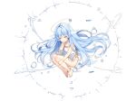 1girl anklet ark_order bare_legs blue_hair bubble dress fish half-closed_eyes halo head_fins hugging_own_legs jewelry kuen_(ark_order) looking_at_viewer official_art side_slit solo tachi-e water white_dress yellow_eyes 
