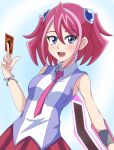  blue_eyes blush bracelet duel_disk exposed_shoulders hiiragi_yuzu multicolored_hair pink_hair pink_neckwear small_breasts yukti yuu-gi-ou yuu-gi-ou_arc-v 