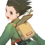  1boy :d backpack bag belt black_belt black_hair brown_bag brown_eyes commentary gon_freecss green_jacket highres hunter_x_hunter jacket long_sleeves looking_at_viewer looking_back male_focus mmo_(mmo_omm938) open_bag open_mouth short_hair simple_background smile solo spiky_hair teeth upper_body white_background 