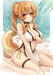  1girl animal_ears arm_between_breasts bare_arms bare_shoulders barefoot between_breasts black_collar breasts brown_eyes brown_hair collar commentary day dog_ears dog_girl dog_tail dress karokuchitose long_hair looking_at_viewer medium_breasts multicolored_hair navel original parted_lips ponytail sitting sleeveless sleeveless_dress solo streaked_hair tail wariza white_dress 