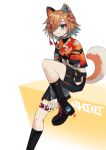  1girl 2021 absurdres animal_ears blue_eyes boots brown_hair character_name dated dog_ears dog_girl dog_tail english_commentary fangs hair_over_one_eye highres kneehighs looking_at_viewer miyoshino_shiki power_symbol prism_project sakanayukii short_hair sitting solo tail virtual_youtuber watermark 