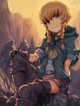  1girl arm_support artist_name bangs belt black_choker blonde_hair blue_eyes boots braid breasts brown_belt brown_gloves capelet choker gloves hair_ornament highres hood hood_down hooded_capelet hyrule_warriors jack_rockhardt jewelry knee_up linkle long_hair looking_at_viewer necklace pointy_ears rock shorts sitting smile solo the_legend_of_zelda thigh-highs thigh_boots twin_braids watermark 