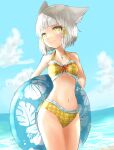  1girl absurdres alternate_costume animal_ears bangs blunt_bangs breasts cat_ears chest_jewel highres nia_(xenoblade) ocean shiroxai short_hair silver_hair small_breasts solo swimsuit xenoblade_chronicles_(series) xenoblade_chronicles_2 yellow_eyes 