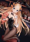  1girl abigail_williams_(fate) alcohol animal_ears asle bangs bare_shoulders black_bow black_footwear black_hairband black_leotard blonde_hair blush bottle bow brown_legwear bunny_tail commentary_request cup drinking_glass fake_animal_ears fate/grand_order fate_(series) finger_to_mouth forehead hair_bow hairband high_heels indoors leotard long_hair looking_at_viewer object_hug on_chair orange_bow pantyhose parted_bangs parted_lips playboy_bunny rabbit_ears shoes solo stool strapless strapless_leotard stuffed_animal stuffed_toy suction_cups tail teddy_bear tentacles tray very_long_hair wine wine_glass wrist_cuffs 