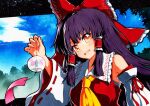  1girl :d ascot bangs black_hair blue_sky bow clouds detached_sleeves eyebrows_visible_through_hair forest hair_bow hair_tubes hakurei_reimu holding long_hair looking_at_viewer nature nontraditional_miko open_mouth outdoors qqqrinkappp red_bow red_eyes red_shirt ribbon-trimmed_sleeves ribbon_trim shirt sky smile solo touhou traditional_media tree upper_body wide_sleeves yellow_neckwear 