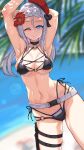  1girl alternate_breast_size blue_eyes blush breasts girls_frontline highres jamgom medium_breasts mp5_(girls_frontline) navel older one_eye_closed smile solo swimsuit white_hair 